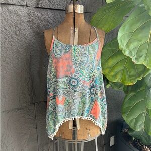 Paisley Print Women's Top with Pom-Pom Trim